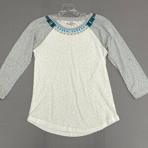 J.Crew Baseball Tee White Gray Raglan Embellished Beads Crystal Neckline Sz XS
